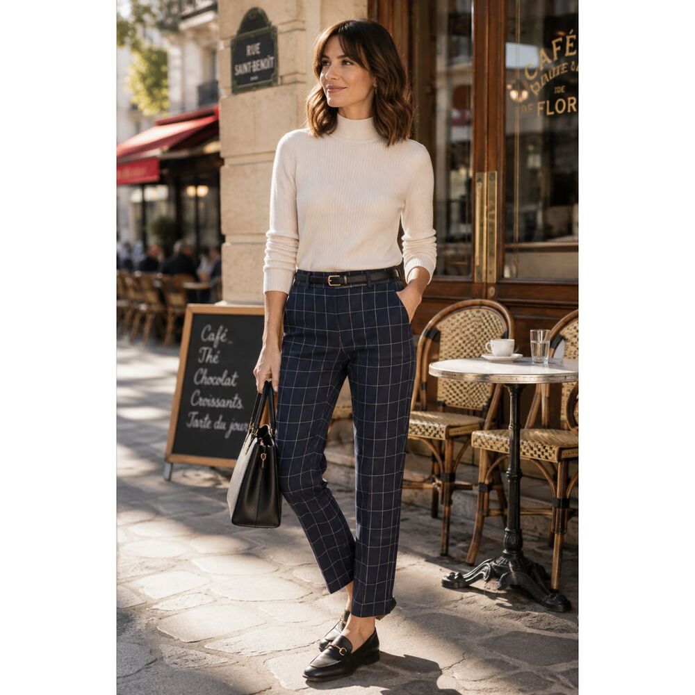 LOFT Women's 12 Petite Black Windowpane Plaid Tailored Pants NWT